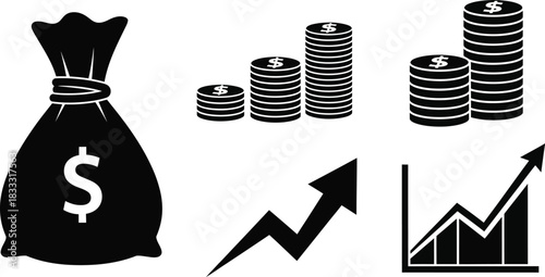 Money bag coin stacks and growth charts a visual representation of finance