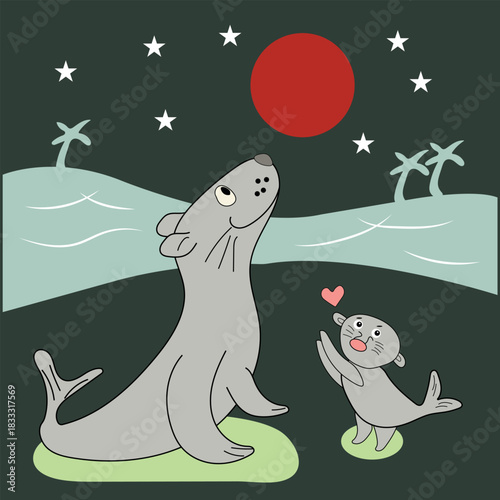 Cute seal and baby under green starry moon vector