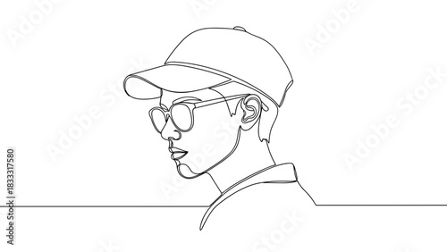 Line art illustration of young man wearing cap and glasses  