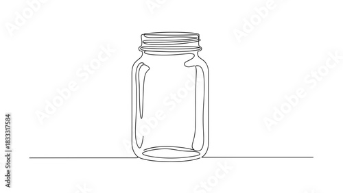 Empty glass jar in minimalist outline style on white background  