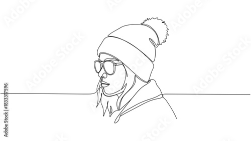 Young woman wearing beanie and glasses in minimalist line art  
