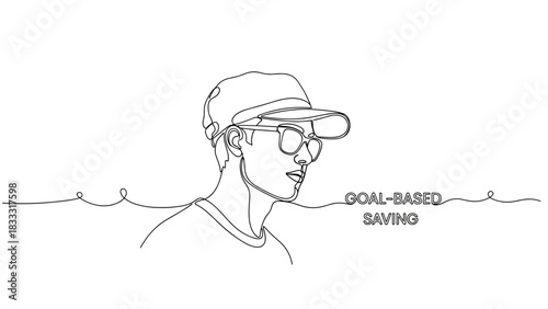 Line art illustration of young man with glasses in cap looking side  