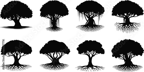 Stylized tree silhouette collection with exposed roots, hanging vines, and varied canopy shapes for design and educational illustration.