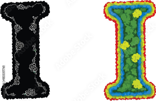 Stylized letter i depictions with contrasting textures and vibrant color schemes