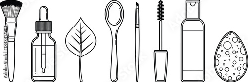 Simple black and white line drawing of beauty and wellness items displayed