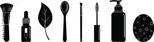 Black silhouette icons representing cosmetics skincare and beauty products in a row
