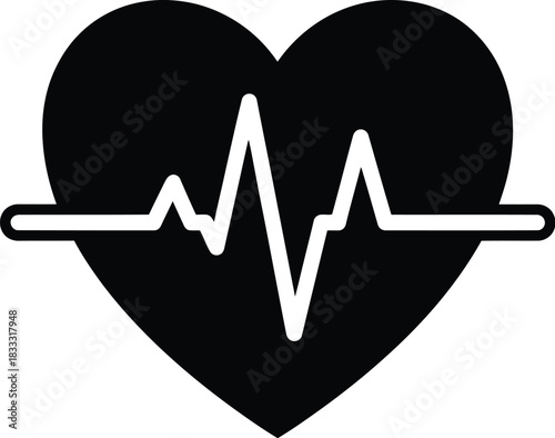 A black heart shape containing a white electrocardiogram line design