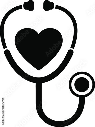 A simple black and white illustration of a stethoscope with a heart shape