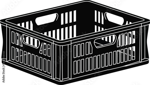 A black and white illustration of an empty plastic crate with cutouts