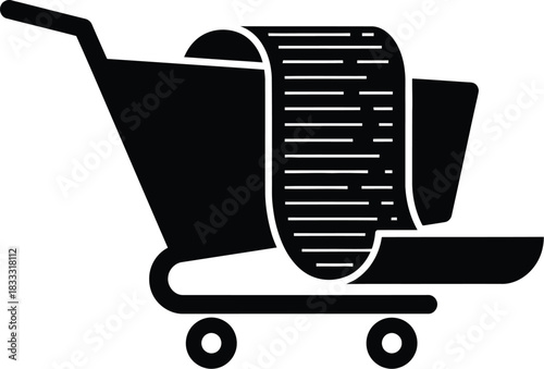 Simple black and white illustration of a shopping cart with items inside