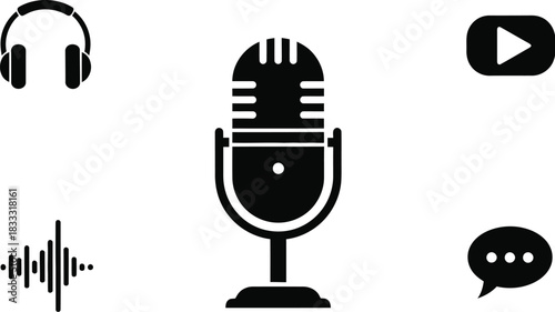 Podcast and audio recording icons headphones microphone waveform and chat bubble