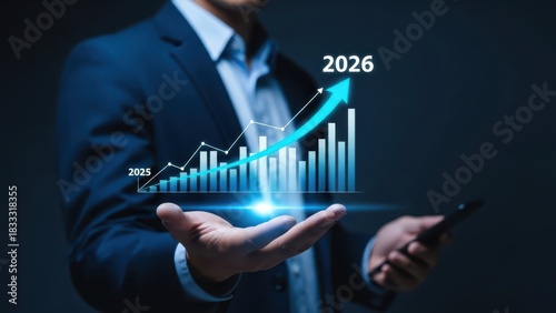 Businessman holding a glowing 3d bar graph showing upward trend and growth towards the year 2026