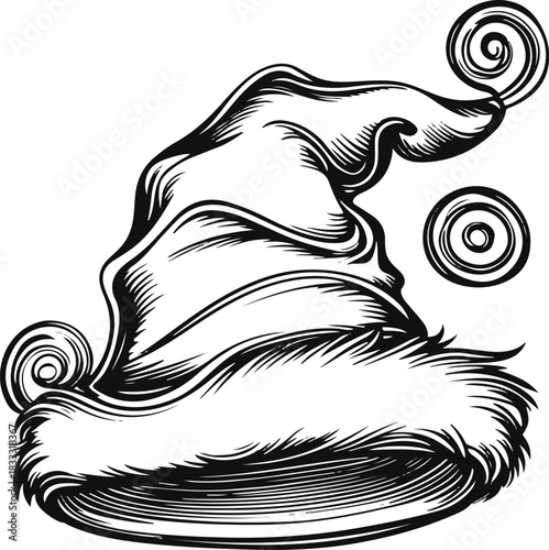 Black line art Santa hat with flowing contour lines, symmetrical design, no fill, white background, clean vector look, holiday theme 2