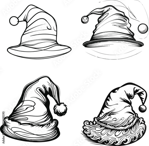Black line art Santa hat with flowing contour lines, symmetrical design, no fill, white background, clean vector look, holiday theme