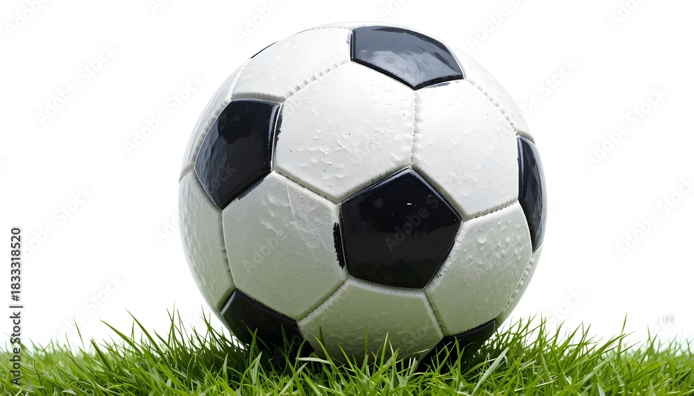 Fototapeta premium Classic black and white soccer ball resting on fresh green grass, outdoor football concept for sports, training, match, competition, recreation, fitness and teamwork