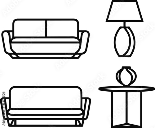 Clean black line art home decor icons, furniture outline set, sofa, lamp, table, vase, modern interior design theme, white background, vector icon style