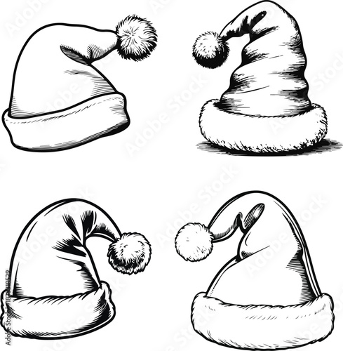 Cute curved Santa hat in black line art, soft pom-pom, smooth continuous lines, minimal Christmas design, white background, vector illustration