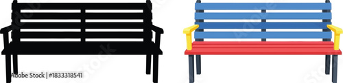 A side by side comparison of two park benches one black and one colorful