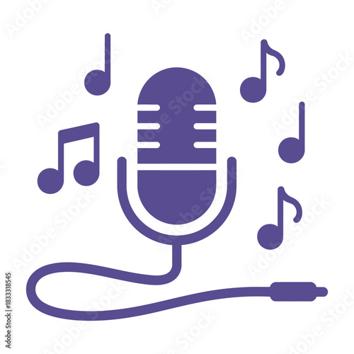 Illustration of a purple microphone with a cord and musical notes surrounding it
