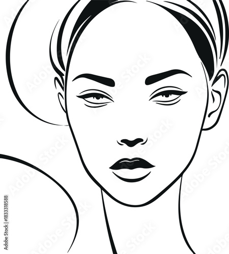 Elegant female face drawn in single continuous black line, abstract minimal portrait, smooth contours, white background, clean vector illustration 2