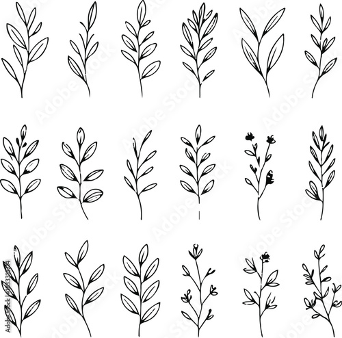minimal black line art botanical illustrations, each design separate and unique, featuring elegant leaves, branches, and small floral elements 3