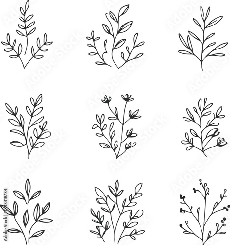 minimal black line art botanical illustrations, each design separate and unique, featuring elegant leaves, branches, and small floral elements
