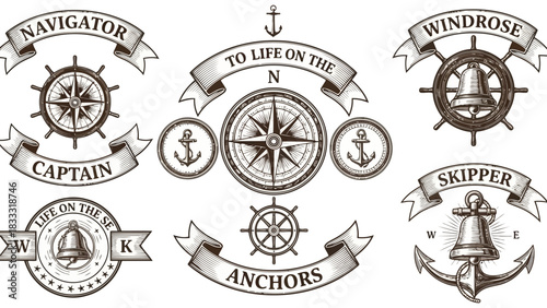 Collection of vintage marine heraldic icons like anchor, ship, and lighthouse