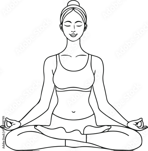 Minimal black line art of woman doing yoga pose, clean balanced lines, simple anatomy, calm wellness theme, vector outline, white background