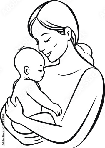 Mother holding baby in soft continuous black line drawing, warm emotional minimal style, smooth curves, clean vector outline, white background