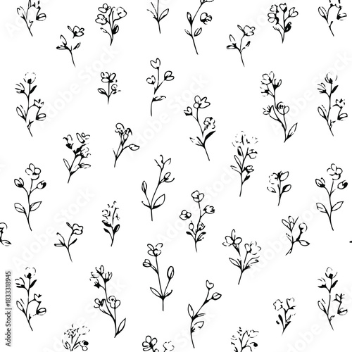 Small spring flowers in black line art evenly distributed across the canvas, minimal blooming pattern, white background