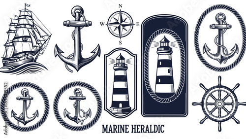 Collection of vintage marine heraldic icons like anchor, ship, and lighthouse
