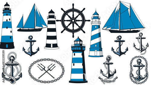 Collection of vintage marine heraldic icons like anchor, ship, and lighthouse