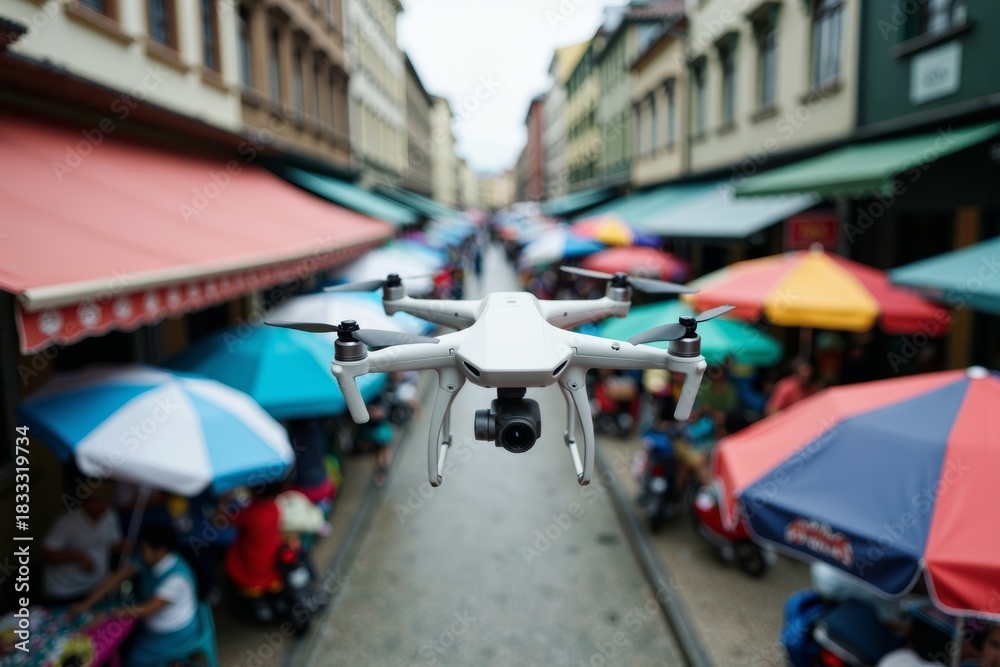 Obraz premium Drone's eye view: Vibrant street market captured from above