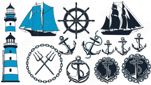 Collection of vintage marine heraldic icons like anchor, ship, and lighthouse