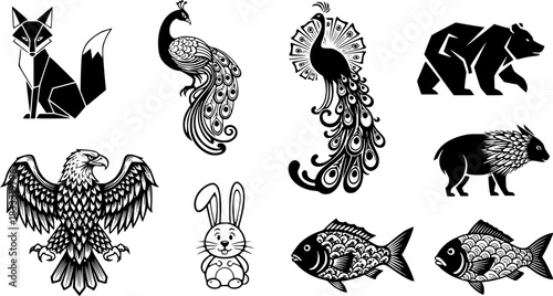 Black and white animal silhouettes and pixel art with patterns