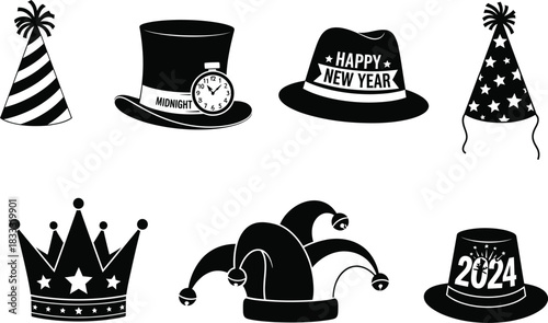 Collection of black and white festive hats and crowns for celebrations and parties