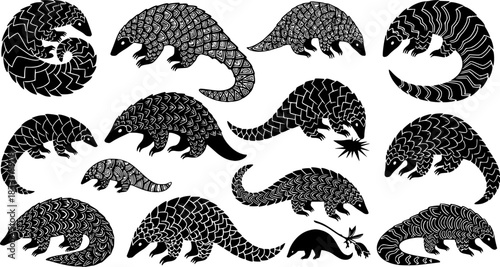Diverse styles of pangolin silhouettes and patterns in black and white