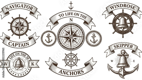 Collection of vintage marine heraldic icons like anchor, ship, and lighthouse