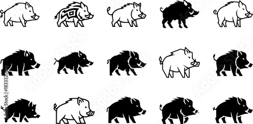 Diverse boar icons set in various art styles featuring minimalist and pixel variations