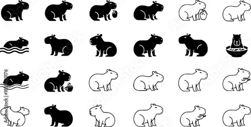 Pixel and outline capybara designs in minimalist styles