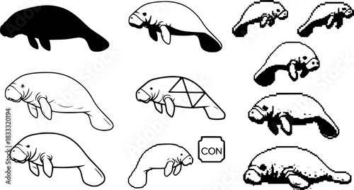 Variety of manatee designs: silhouette to pixel art styles for creative inspiration
