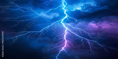 Voltage Veins in Twilight Storm: A jagged bolt of electric blue tears through shadowed clouds, illuminating the sky with raw power and atmospheric drama.