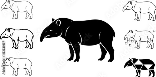 Unique tapir designs: silhouette, outline, and pixel variations