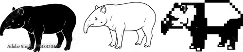 Unique tapir designs: silhouette, outline, and pixel variations