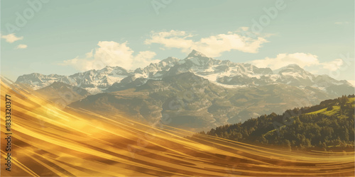 Epic Snow-Capped Alpine Mountains with Golden Motion Blur Foreground Waves under Dramatic Cloudy Sky Majestic Landscape Photography