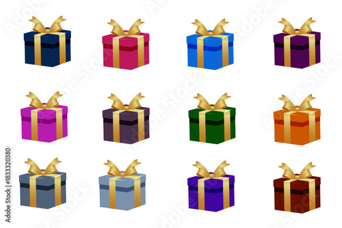 Set of colorful gift boxes with bows - Colorful gift boxes with golden ribbons isolated on white background