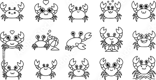 Cute crab icons in monochrome millennial style