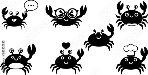 Cute crab icons in monochrome millennial style