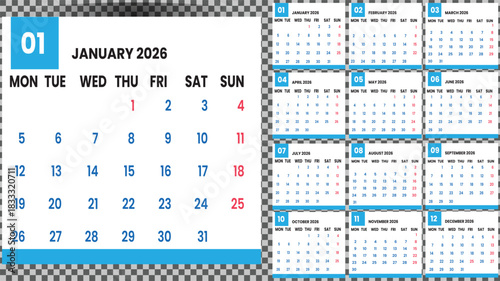 2026 Monthly Calendar Template | Printable Vector Design for Planning