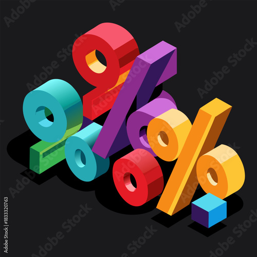 3d render of a discount symbol made of colorful numbers